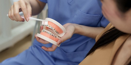 An orthodontist showing a patient how to brush their braces